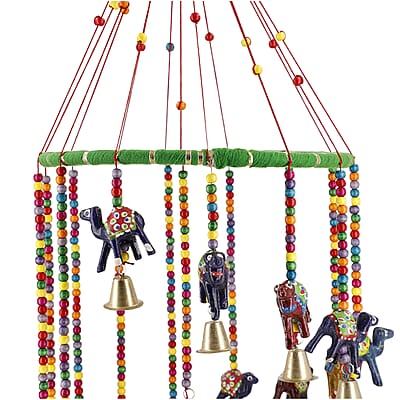 Hand Crafted Multi Color Elephant Hanging with Bells 8 Inch