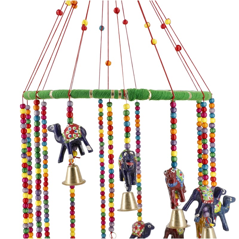 Hand Crafted Multi Color Elephant Hanging with Bells 8 Inch