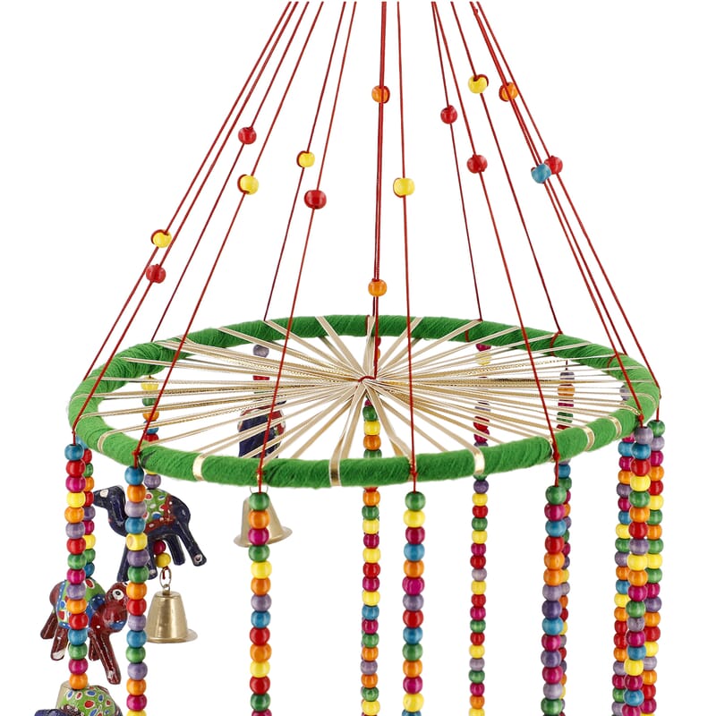 Hand Crafted Multi Color Elephant Hanging with Bells 8 Inch