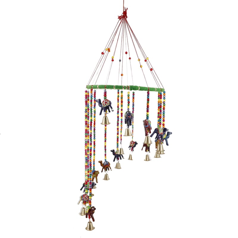 Hand Crafted Multi Color Elephant Hanging with Bells 8 Inch