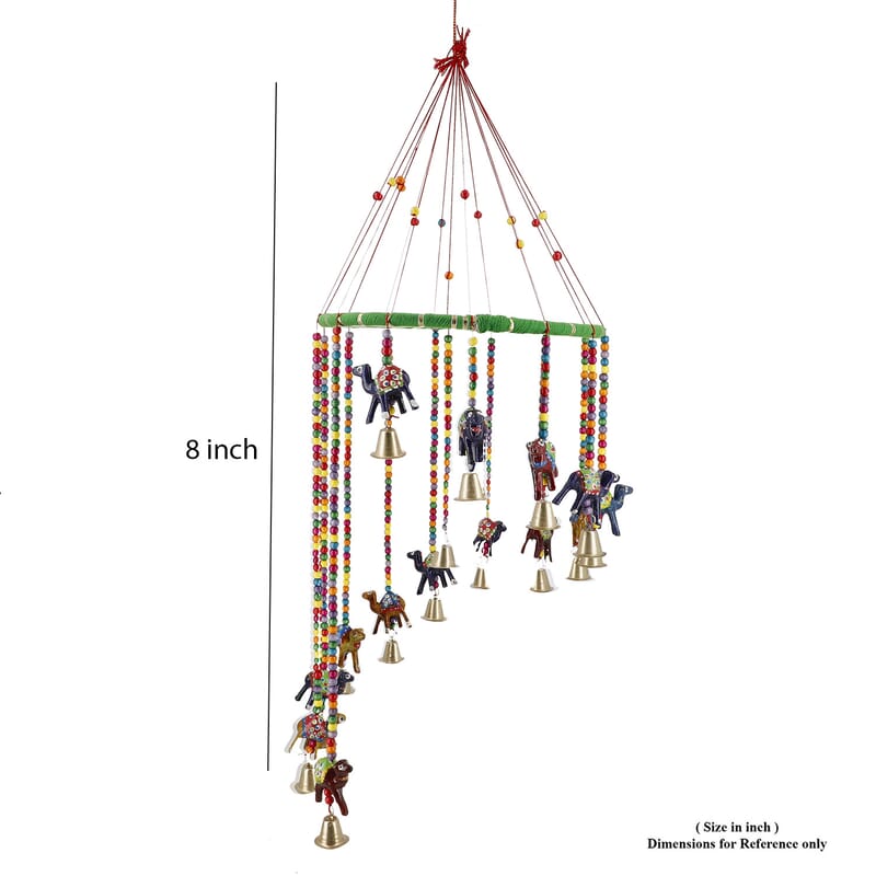 Hand Crafted Multi Color Elephant Hanging with Bells 8 Inch
