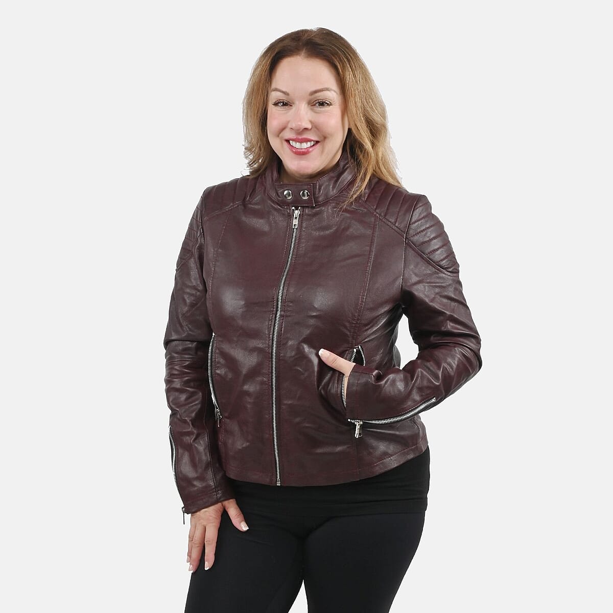 La Marey Mahogany Genuine Lambskin Leather Zip Up Jacket - S image number 3