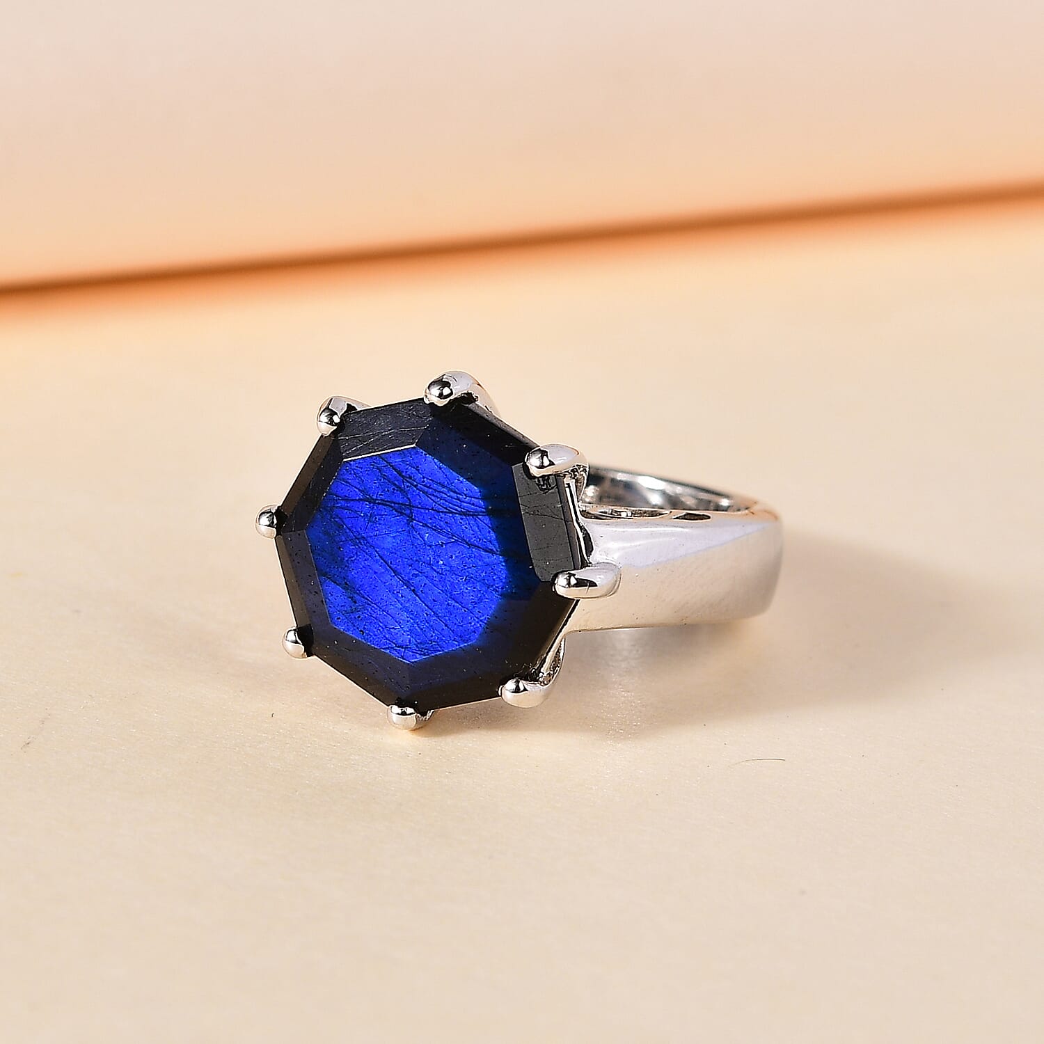 925 Silver Platinum Plated Natural Labradorite Solitaire Ring Size 10 Ct 10.2 - Picture 3 of 10