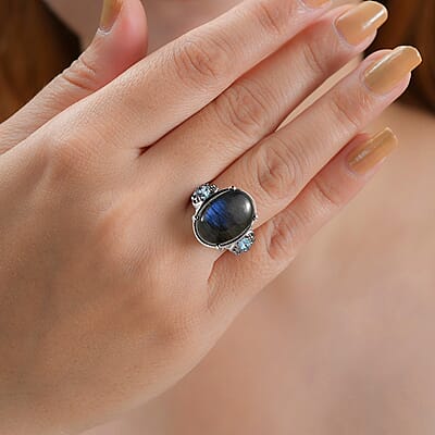 Malagasy Labradorite and Multi Gemstone Ring in Stainless Steel (Size 10.0) 14.75 ctw