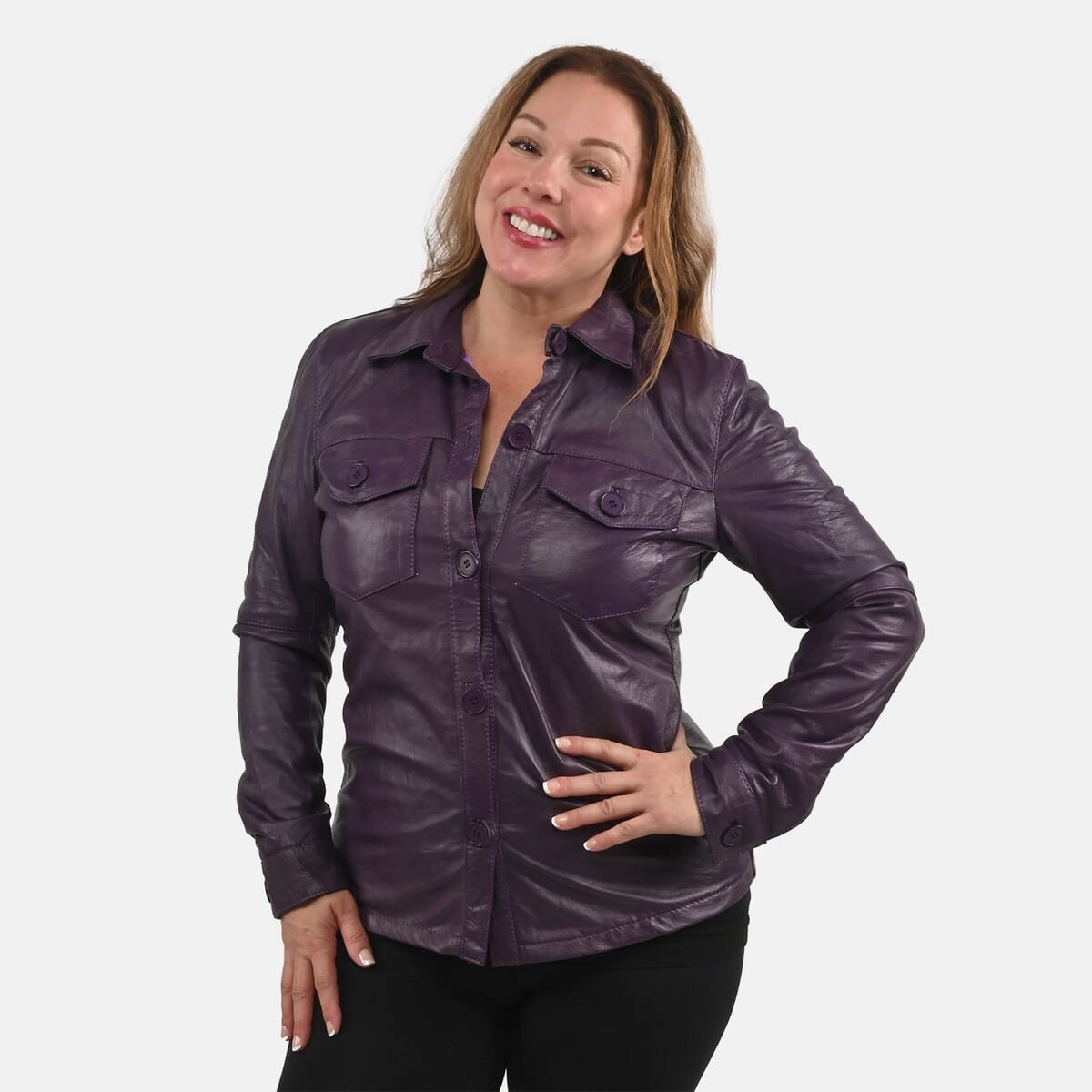 La Marey Purple Genuine Lambskin Button-up Shacket - L image number 3