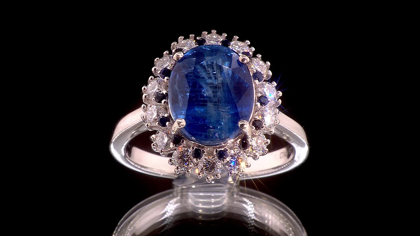 Kashmir Kyanite and Multi Gemstone Floral Ring in Platinum Over Sterling Silver (Size 10.0) 5.40 ctw