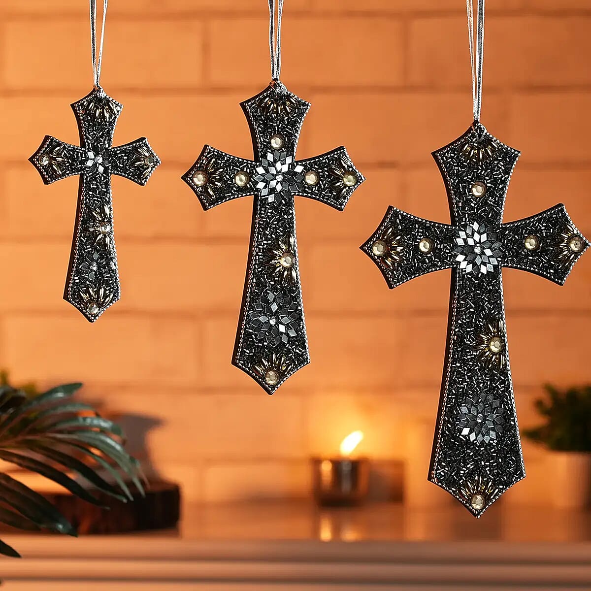 Set of 3 Beaded Cross Hanging - Black image number 1