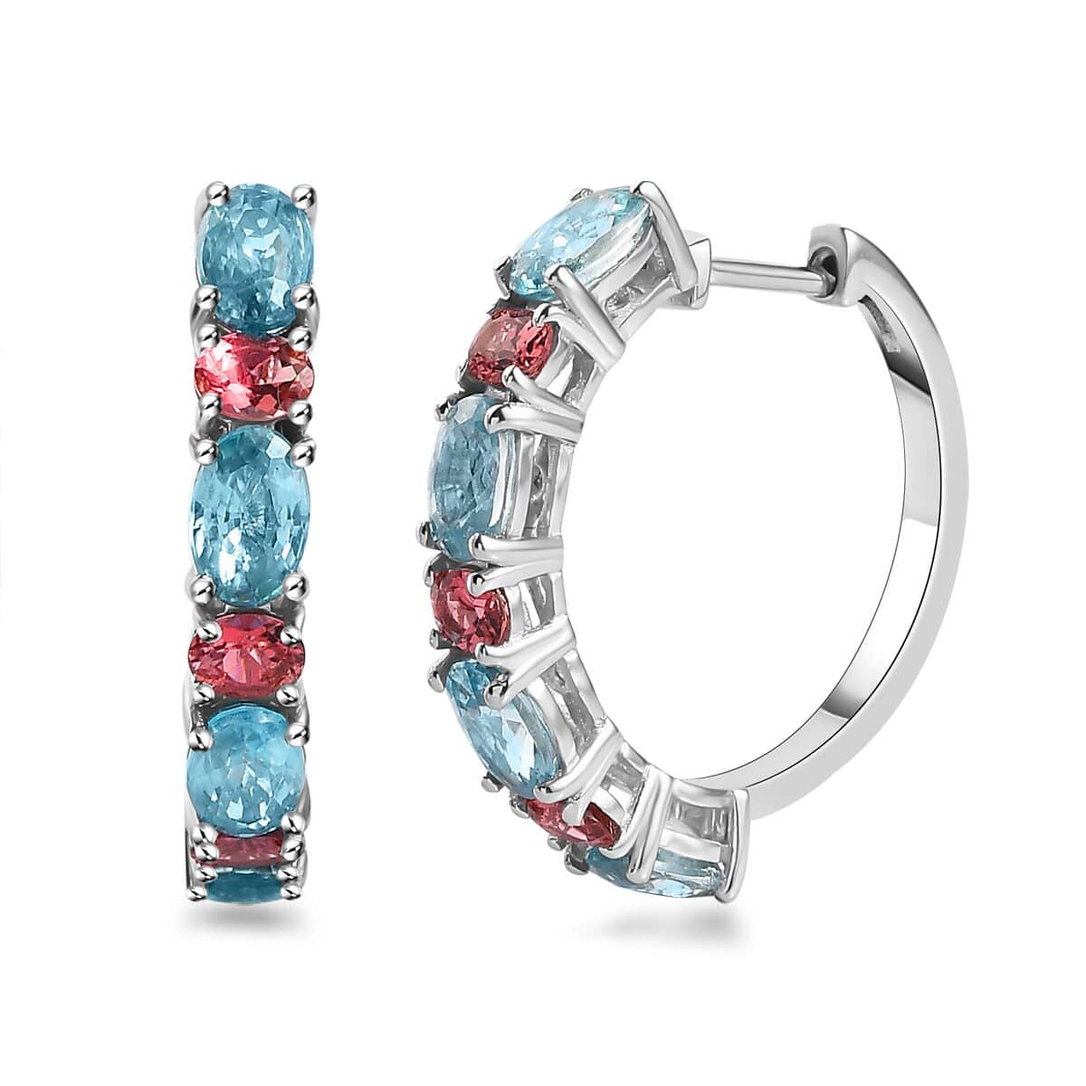 Cambodian Blue Zircon and Morro Redondo Pink Tourmaline Hoop Earrings in Platinum Over Sterling Silver 6.75 ctw image number 0