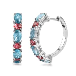 Cambodian Blue Zircon and Morro Redondo Pink Tourmaline Hoop Earrings in Platinum Over Sterling Silver 6.75 ctw