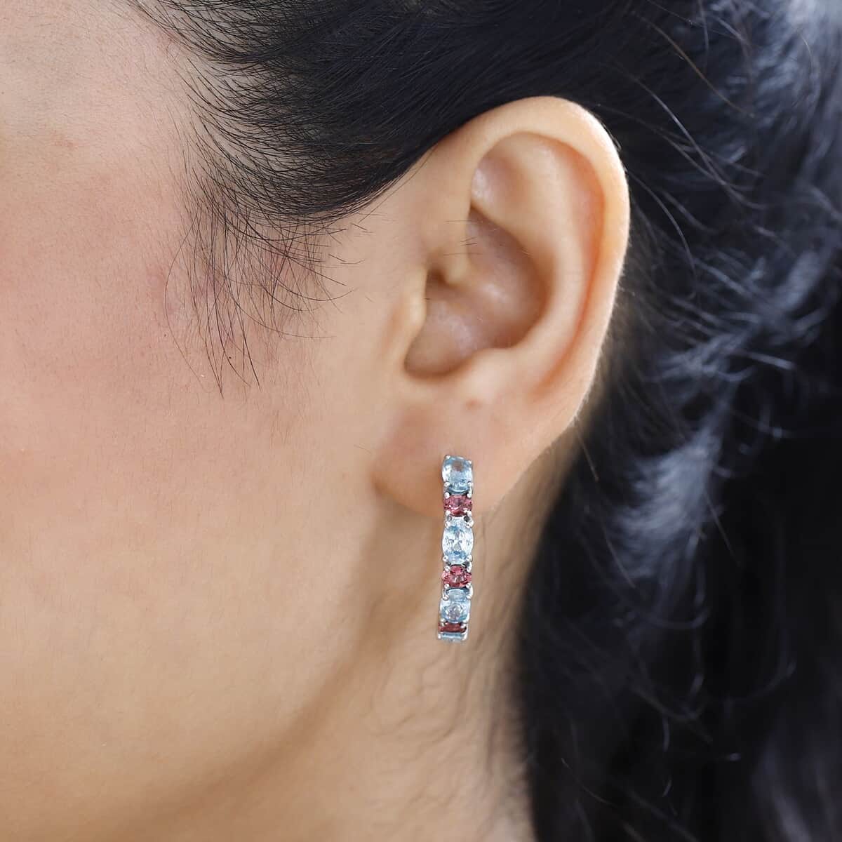 Cambodian Blue Zircon and Morro Redondo Pink Tourmaline Hoop Earrings in Platinum Over Sterling Silver 6.75 ctw image number 2