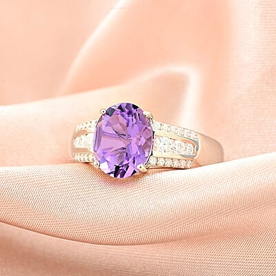 Uruguayan Amethyst and Moissanite Ring in Platinum Over Sterling Silver (Size 10.0) 2.60 ctw