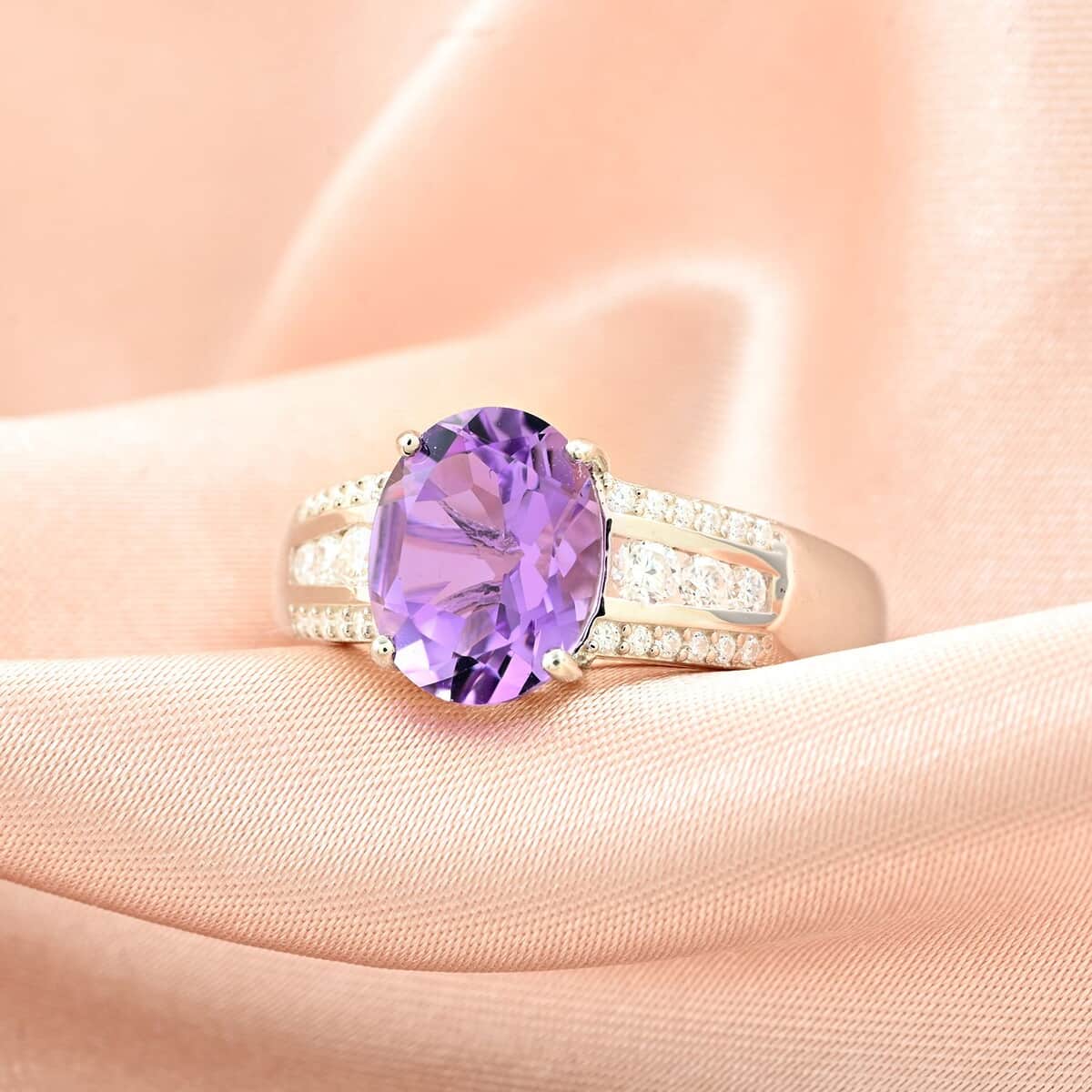 Uruguayan Amethyst and Moissanite Ring in Platinum Over Sterling Silver (Size 6.0) 2.60 ctw image number 1