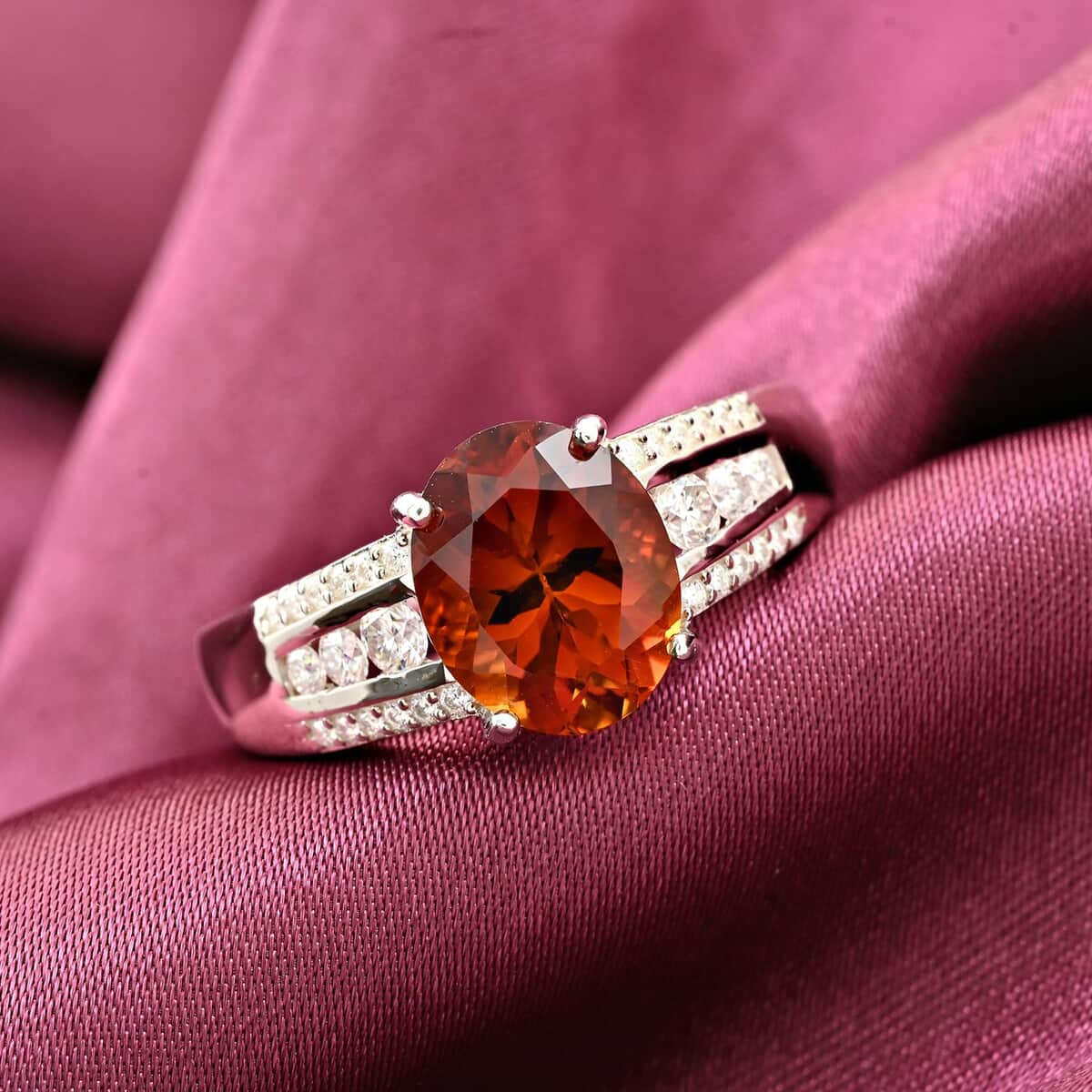 Brazilian Cherry Citrine and Moissanite Ring in Platinum Over Sterling Silver (Size 7.0) 2.65 ctw image number 1