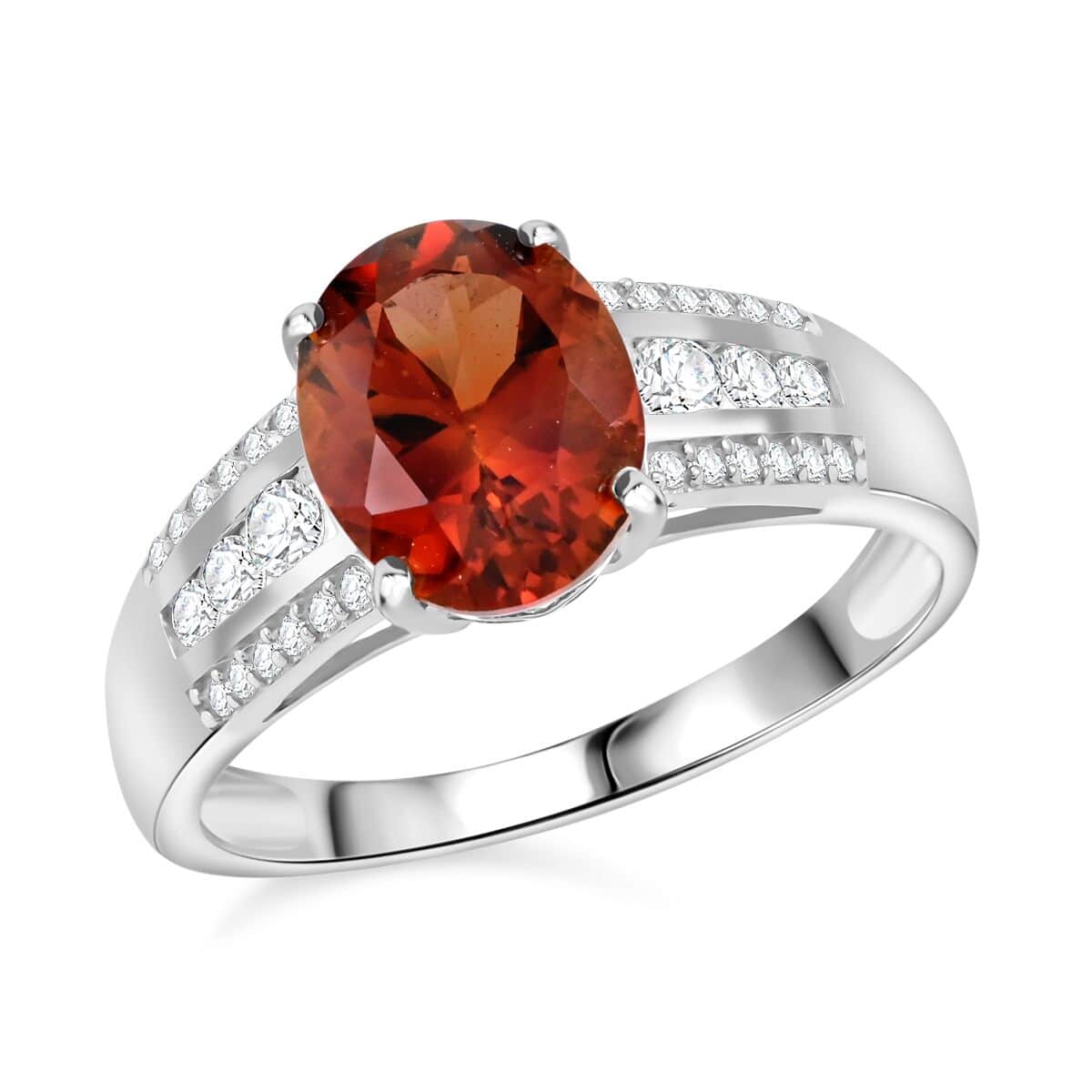 Brazilian Cherry Citrine and Moissanite Ring in Platinum Over Sterling Silver (Size 8.0) 2.65 ctw image number 0