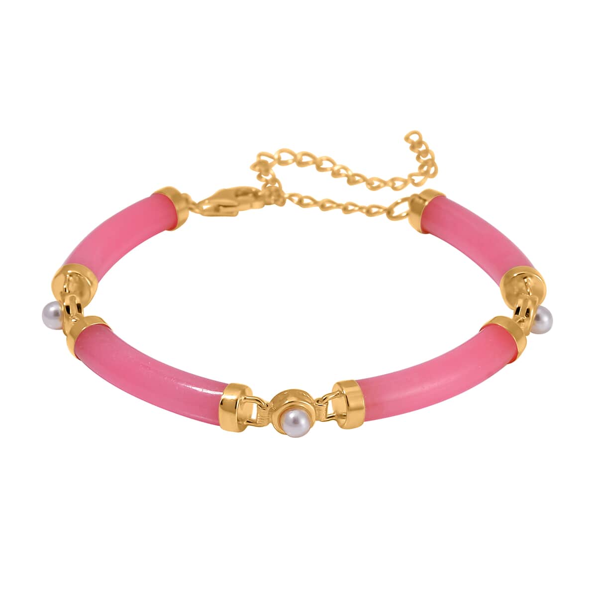 Pink Jade (D) and White Shell Pearl Bracelet in 14K Yellow Gold Over Sterling Silver (5.75-8.25In) 32.75 ctw image number 0