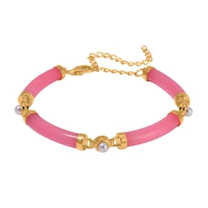 Pink Jade (D) and White Shell Pearl Bracelet in 14K Yellow Gold Over Sterling Silver (5.75-8.25In) 32.75 ctw