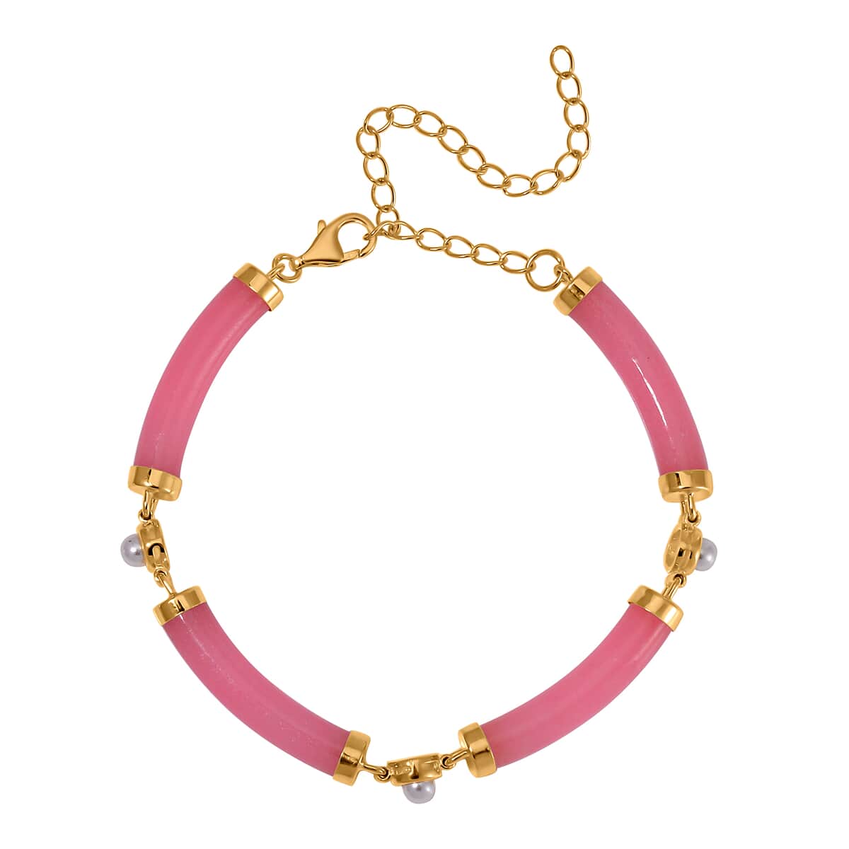 Pink Jade (D) and White Shell Pearl Bracelet in 14K Yellow Gold Over Sterling Silver (5.75-8.25In) 32.75 ctw image number 2