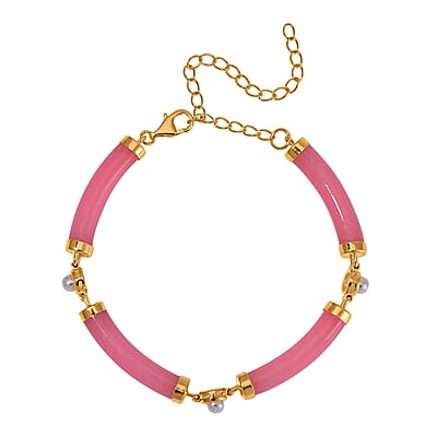 Pink Jade (D) and White Shell Pearl Bracelet in 14K Yellow Gold Over Sterling Silver (5.75-8.25In) 32.75 ctw
