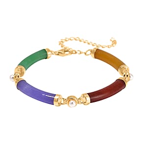 Multi Color Jade (D), White Shell Pearl Bracelet in 14K Yellow Gold Over Sterling Silver (5.75-8.25In) 32.75 ctw