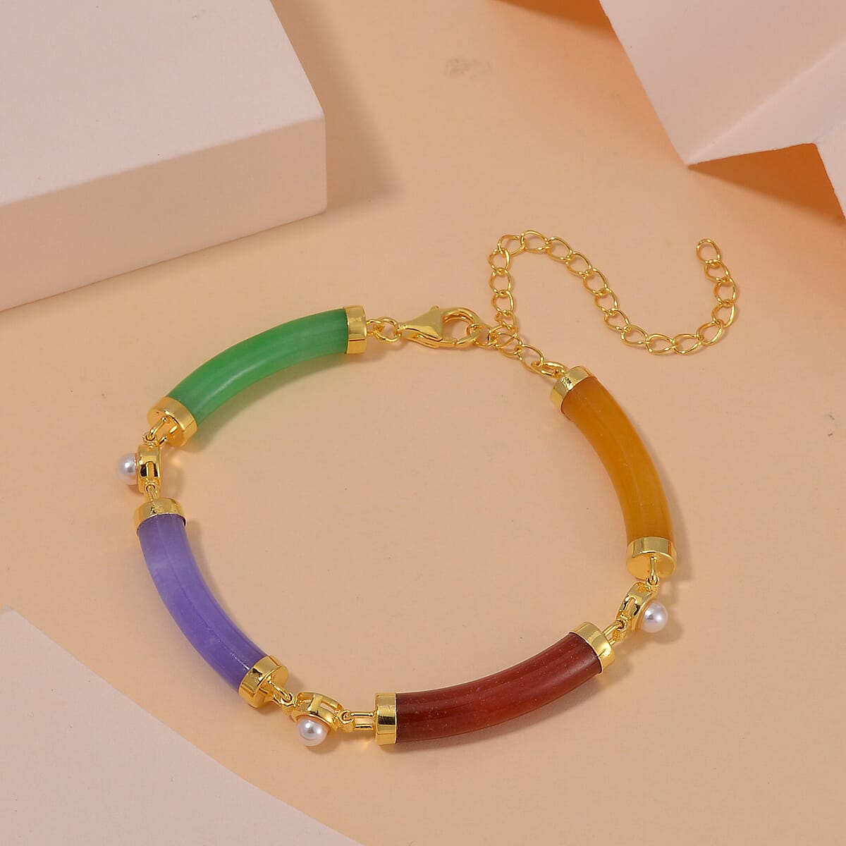 Multi Color Jade (D), White Shell Pearl Bracelet in 14K Yellow Gold Over Sterling Silver (5.75-8.25In) 32.75 ctw image number 1