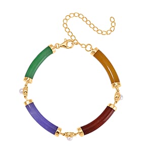 Multi Color Jade (D), White Shell Pearl Bracelet in 14K Yellow Gold Over Sterling Silver (5.75-8.25In) 32.75 ctw