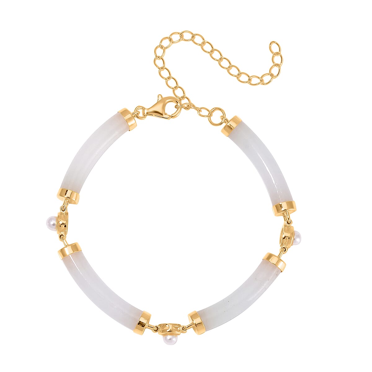 Natural Jade and White Shell Pearl Bracelet in 14K Yellow Gold Over Sterling Silver (5.75-8.25In) 32.75 ctw image number 2