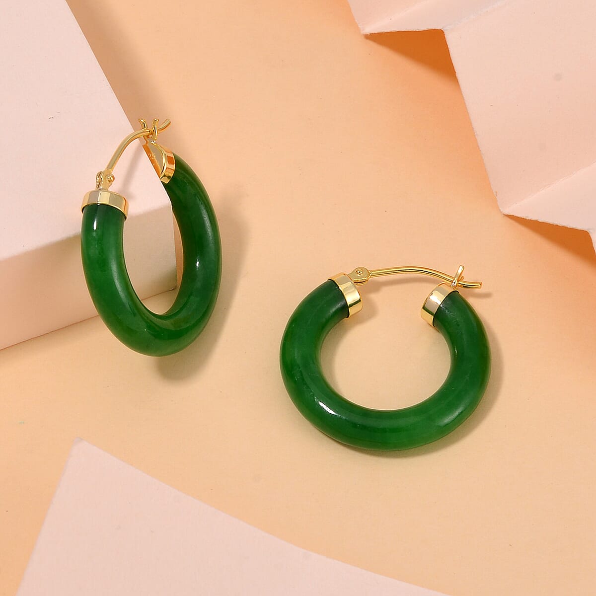 Green Jade (D) Hoop Earrings in 14K Yellow Gold Over Sterling Silver 16.00 ctw image number 1
