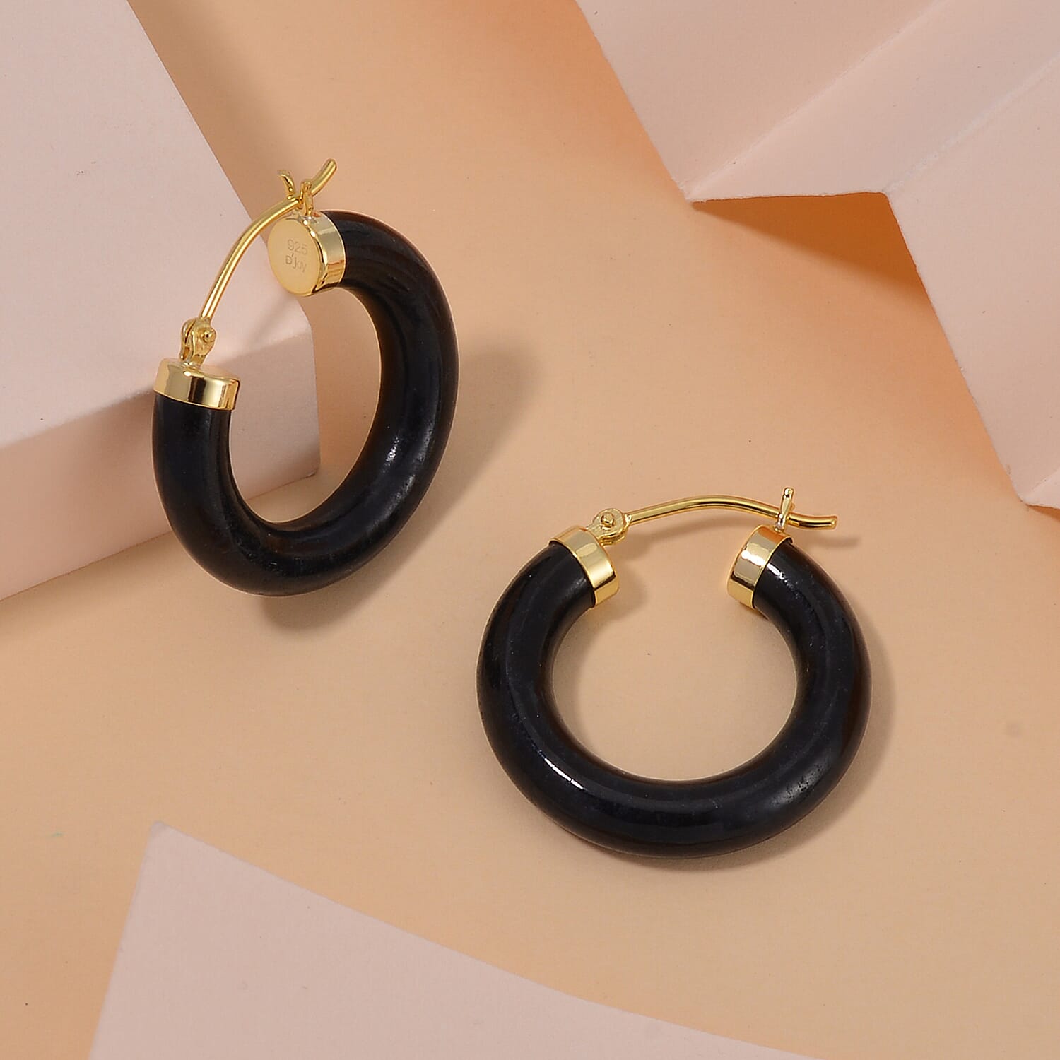Black Jade (D) Hoop Earrings in 14K Yellow Gold Over Sterling Silver 16.00 ctw