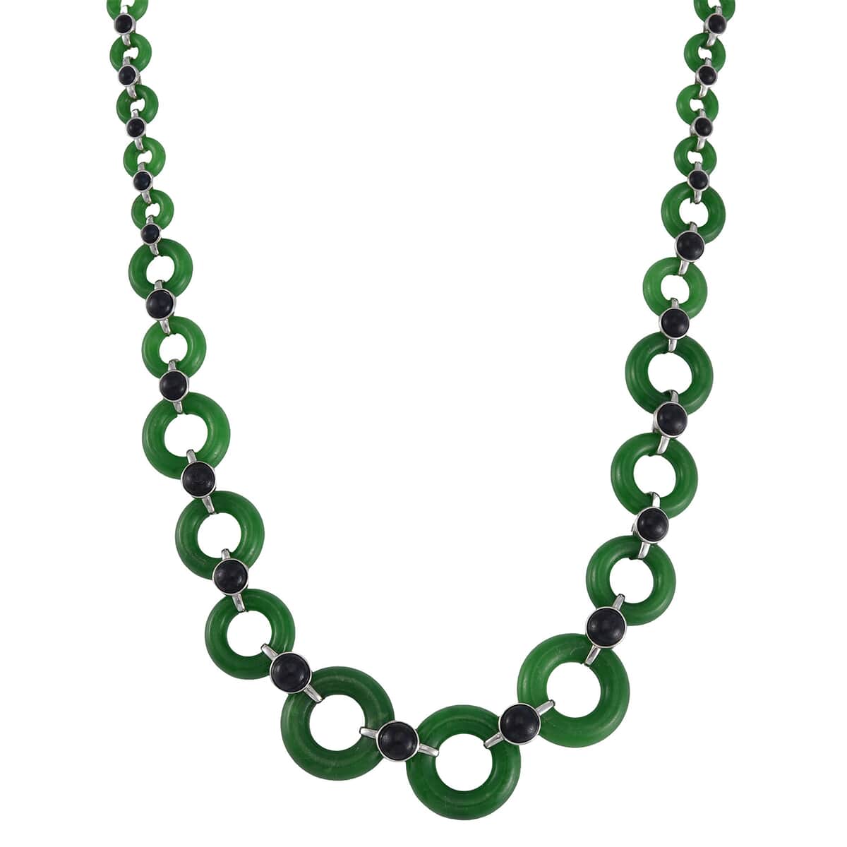 Designer Inspired Green and Black Jade (D) Disc Graduated Necklace 18 Inches in Platinum Over Sterling Silver 233.50 ctw image number 0