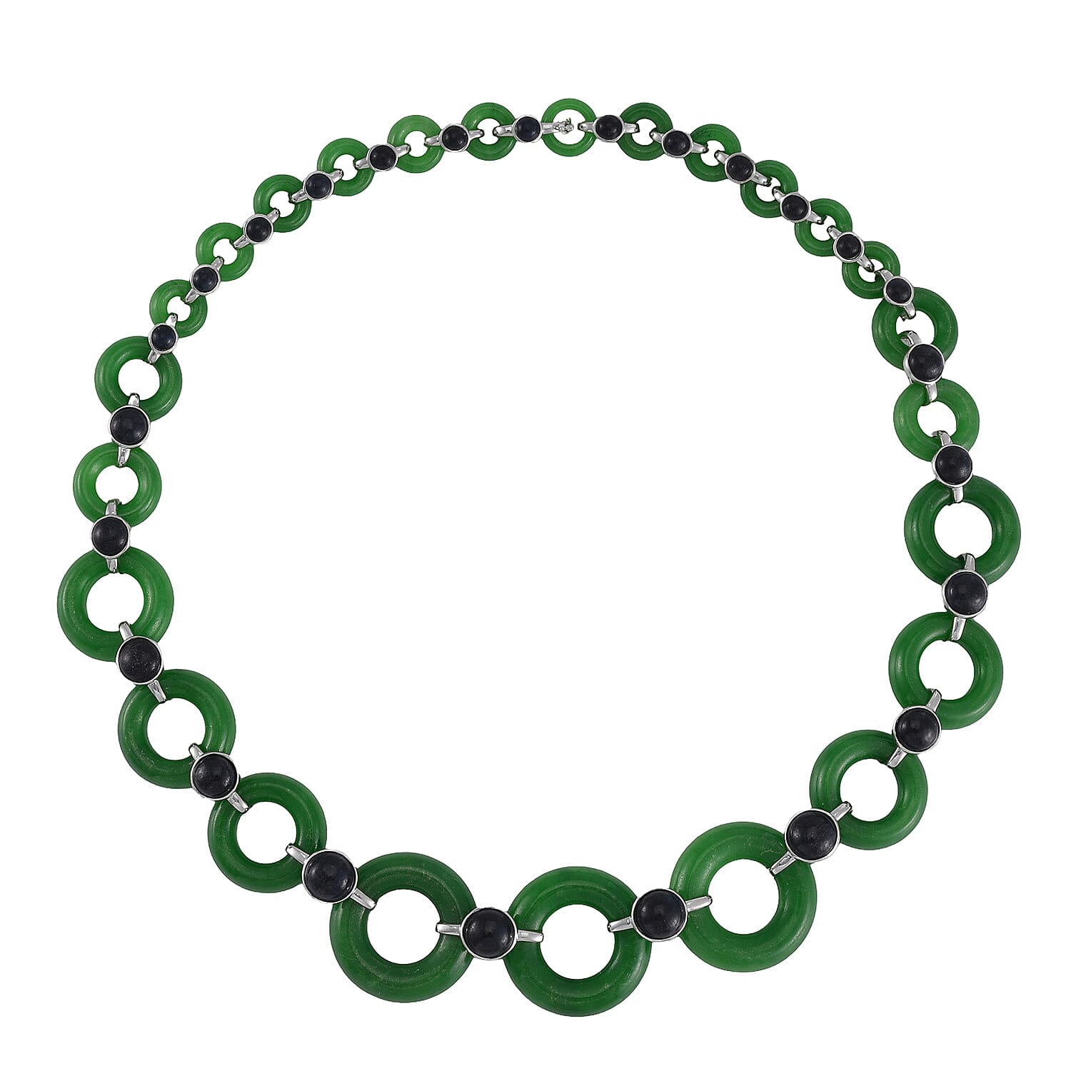 Designer Inspired Green and Black Jade (D) Disc Graduated Necklace 18 Inches in Platinum Over Sterling Silver 233.50 ctw