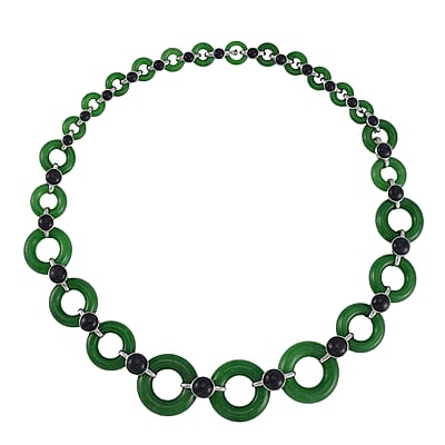 Designer Inspired Green and Black Jade (D) Disc Graduated Necklace 18 Inches in Platinum Over Sterling Silver 233.50 ctw