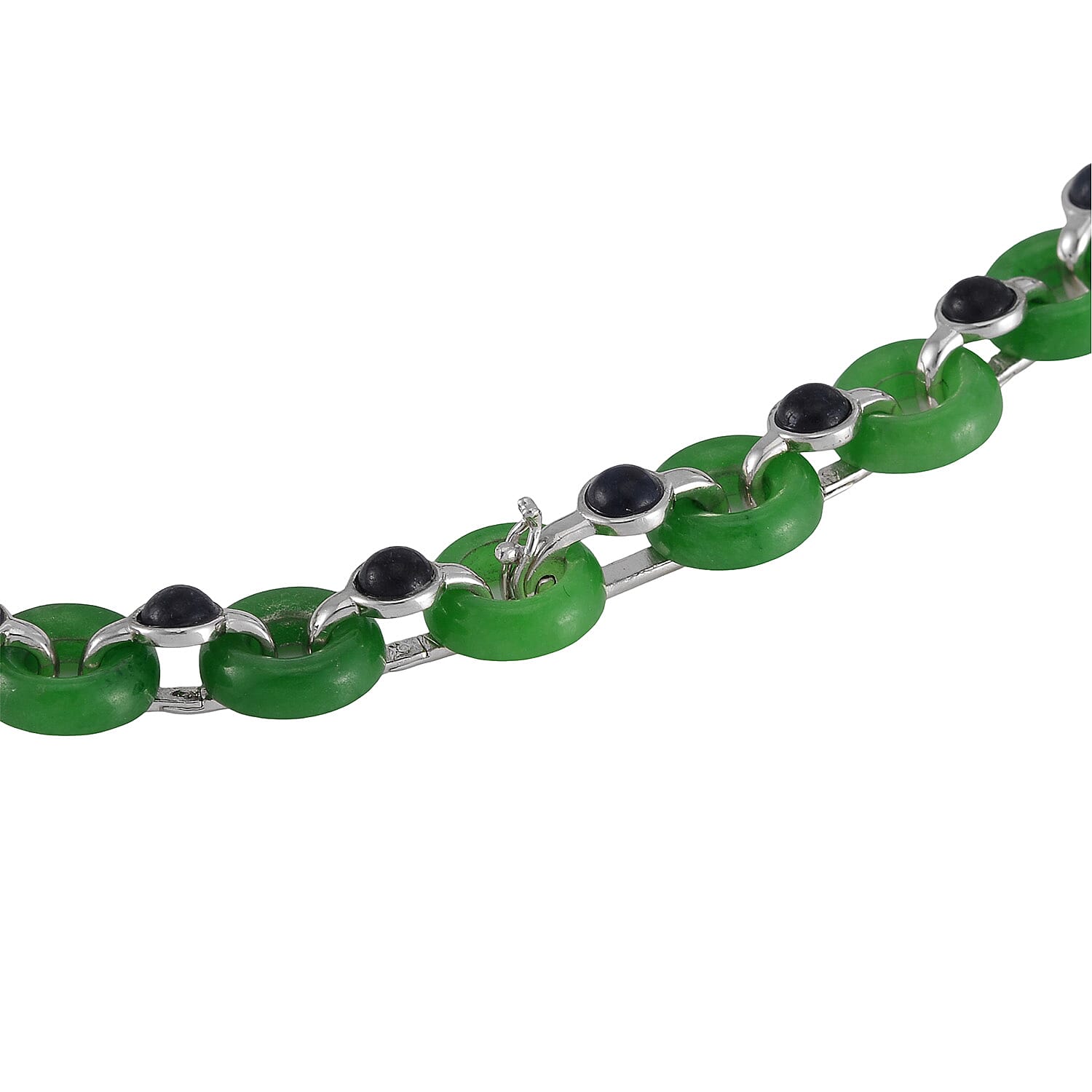Designer Inspired Green and Black Jade (D) Disc Graduated Necklace 18 Inches in Platinum Over Sterling Silver 233.50 ctw