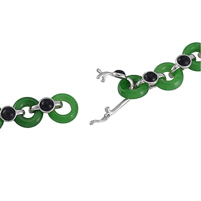 Designer Inspired Green and Black Jade (D) Disc Graduated Necklace 18 Inches in Platinum Over Sterling Silver 233.50 ctw