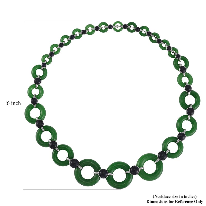 Designer Inspired Green and Black Jade (D) Disc Graduated Necklace 18 Inches in Platinum Over Sterling Silver 233.50 ctw