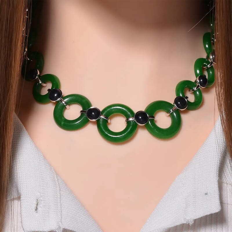 Designer Inspired Green and Black Jade (D) Disc Graduated Necklace 18 Inches in Platinum Over Sterling Silver 233.50 ctw