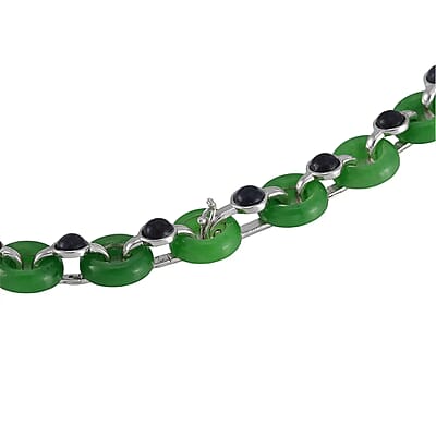 Designer Inspired Green and Black Jade (D) Disc Graduated Necklace 18 Inches in Platinum Over Sterling Silver 233.50 ctw