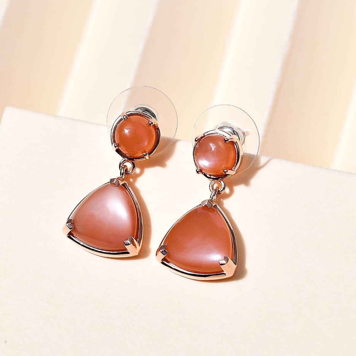 Peach Moonstone Drop Earrings in Vermeil Rose Gold Over Sterling Silver 13.90 ctw image number 1