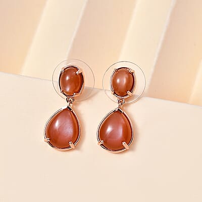 Peach Moonstone Drop Earrings in Vermeil Rose Gold Over Sterling Silver 9.65 ctw