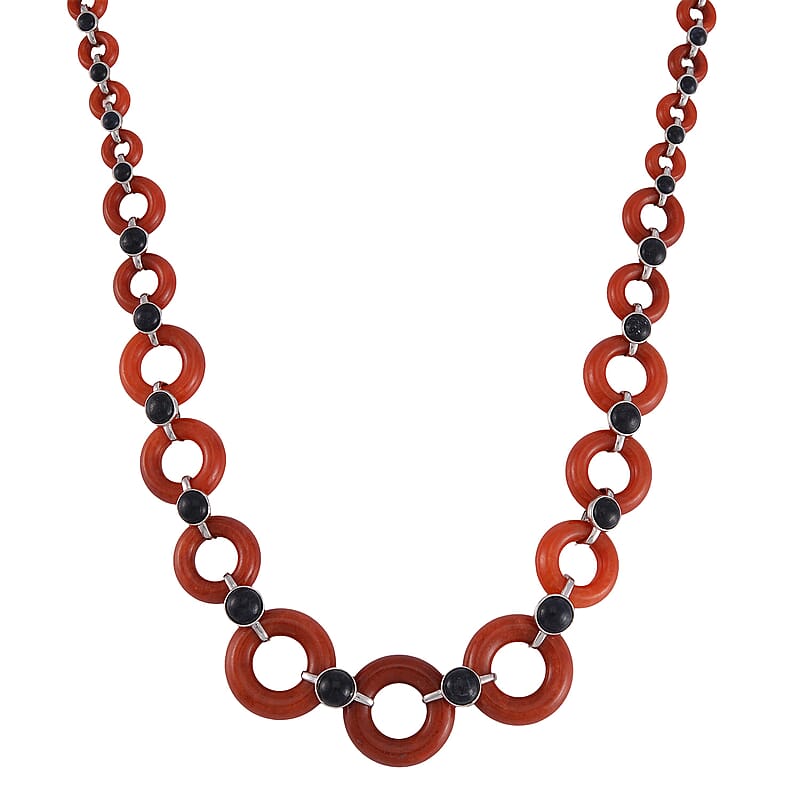 Designer Inspired Red and Black Jade (D) Disc Graduated Necklace 18 Inches in Platinum Over Sterling Silver 236.10 ctw