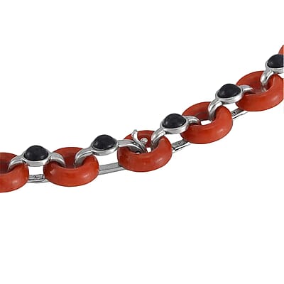 Designer Inspired Red and Black Jade (D) Disc Graduated Necklace 18 Inches in Platinum Over Sterling Silver 236.10 ctw