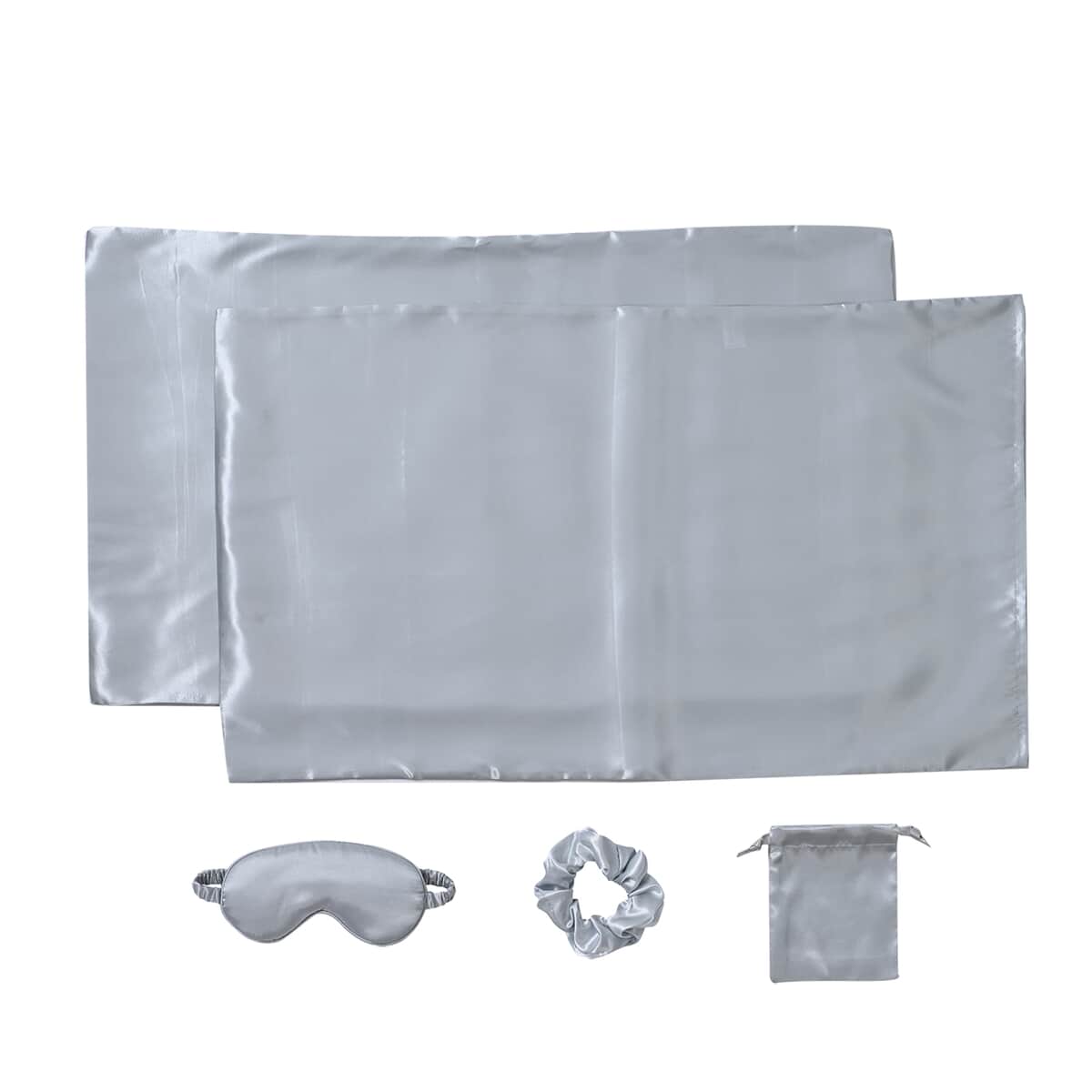 Silver 5 Piece Satin Sleep Set (2x Pillow Case, Eye Mask, Scrunchie, & Pouch) image number 0