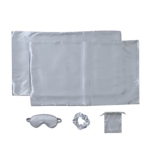 Silver 5 Piece Satin Sleep Set (2x Pillow Case, Eye Mask, Scrunchie, & Pouch)