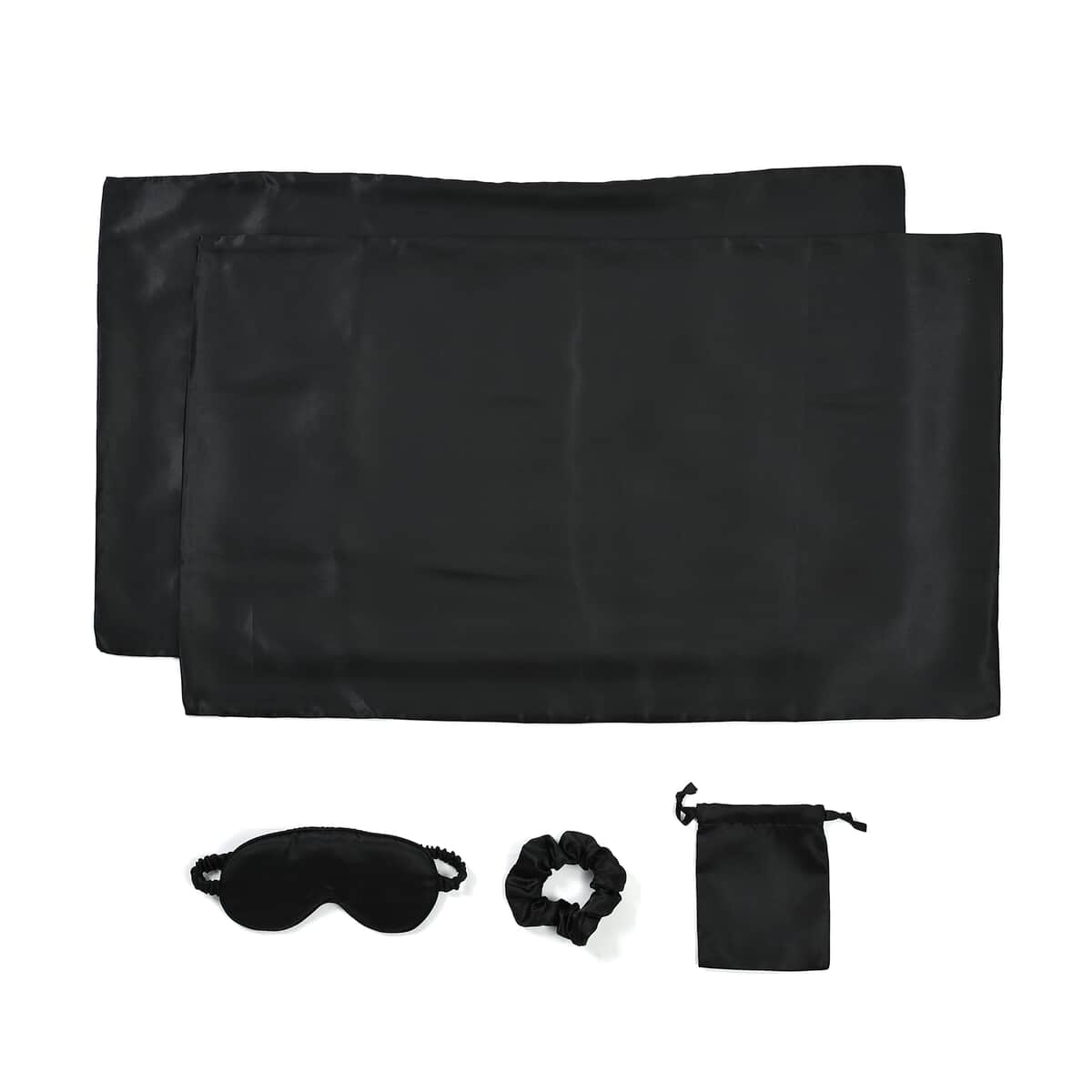 Black 5 Piece Satin Sleep Set (2x Pillow Case, Eye Mask, Scrunchie, & Pouch) image number 0