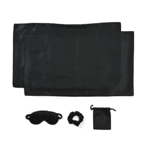 Black 5 Piece Satin Sleep Set (2x Pillow Case, Eye Mask, Scrunchie, & Pouch)