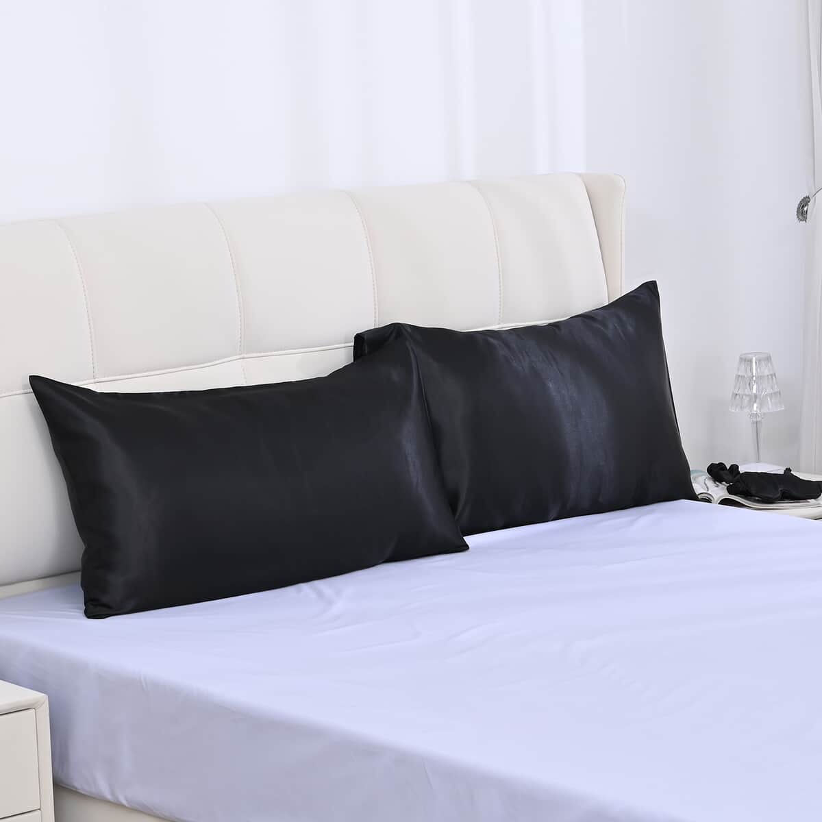 Black 5 Piece Satin Sleep Set (2x Pillow Case, Eye Mask, Scrunchie, & Pouch) image number 1