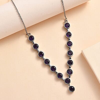 African Amethyst Y-Shape Necklace 18 Inches in Stainless Steel 6.30 ctw
