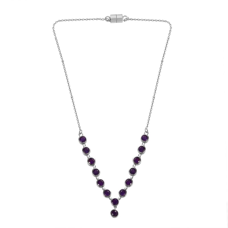 African Amethyst Y-Shape Necklace 18 Inches in Stainless Steel 6.30 ctw