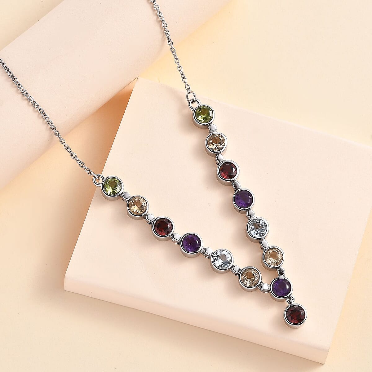 Multi Gemstone Y-Shape Necklace 18 Inches in Stainless Steel 7.60 ctw image number 1