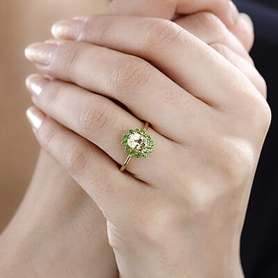 Brazilian Sunfire Beryl and Chrome Diopside Sunburst Ring in Vermeil Yellow Gold Over Sterling Silver (Size 10.0) 1.60 ctw