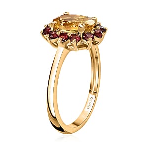 Brazilian Sunfire Beryl and Orissa Rhodolite Garnet Sunburst Ring in Vermeil Yellow Gold Over Sterling Silver (Size 7.0) 1.70 ctw